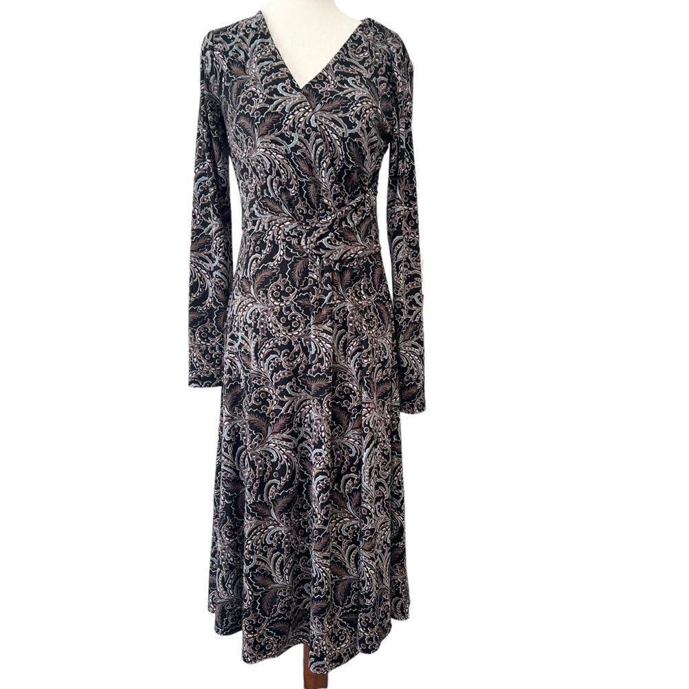 Talbots StretchyV Neck Long Sleeve Midi Dress Black, Brown, Blue Paisley